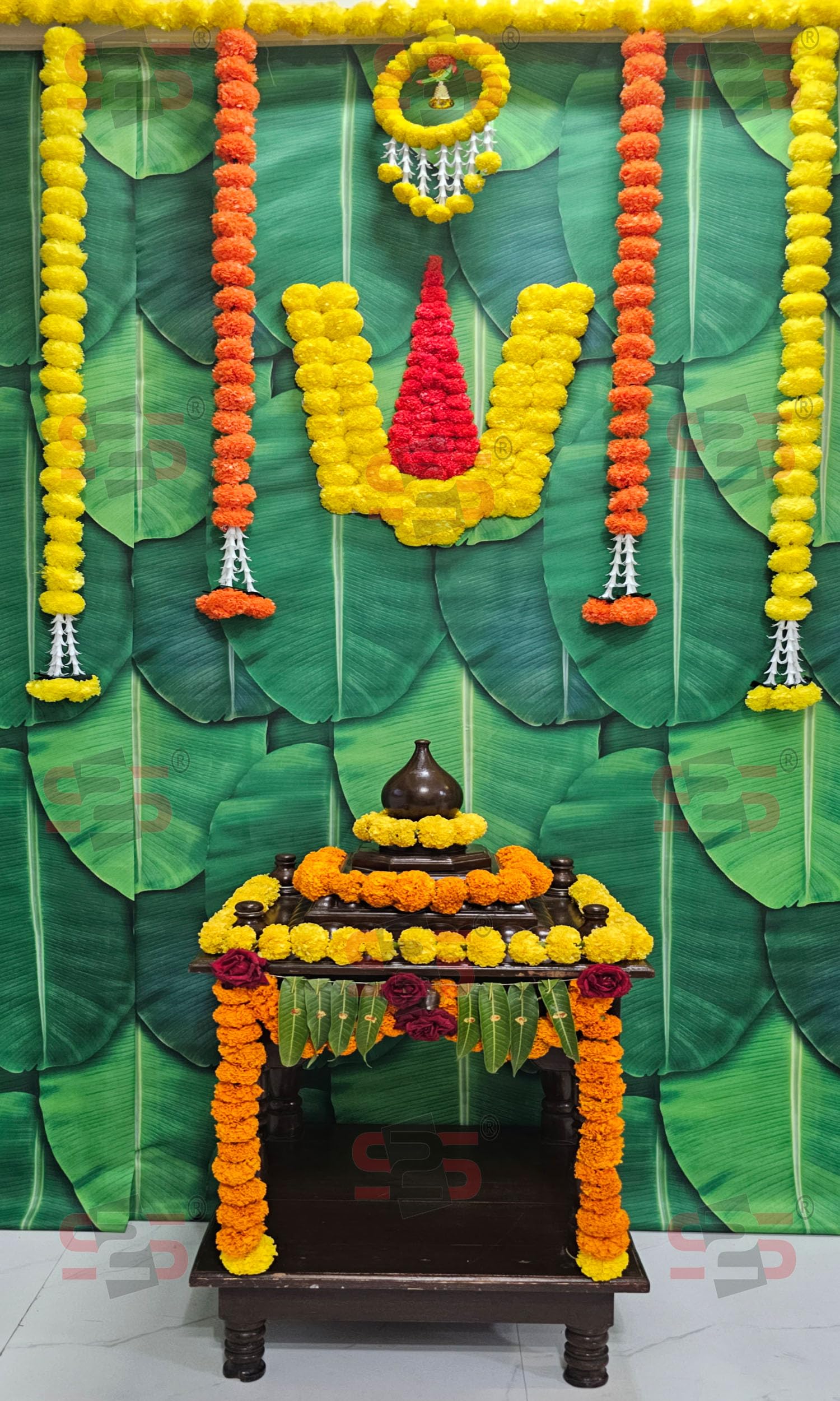 S2S Plastic Venkateswara Swami Namalu Artificial Fluffy Marigold Flowers Backdrop Wall Door For Pooja Decoration Traditional Bac